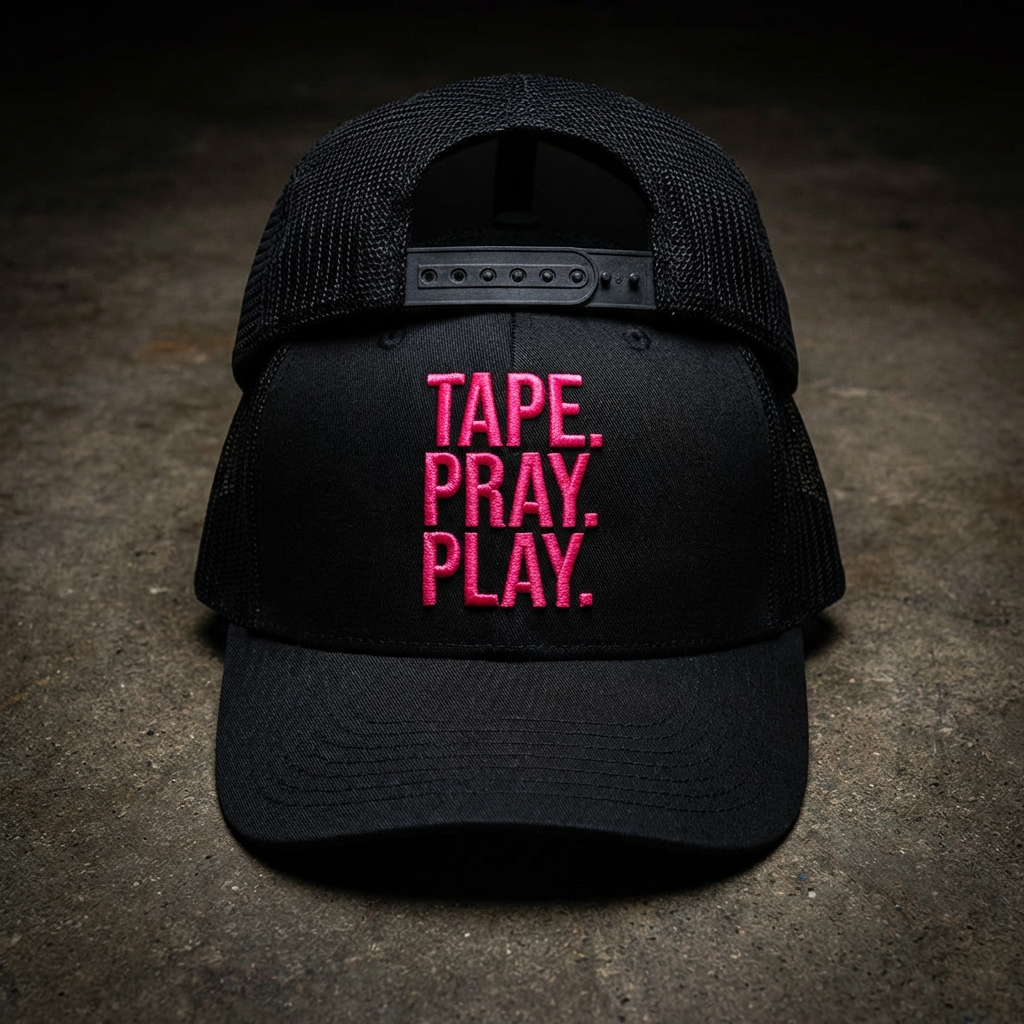 Tape. Pray. Play. trucker hat